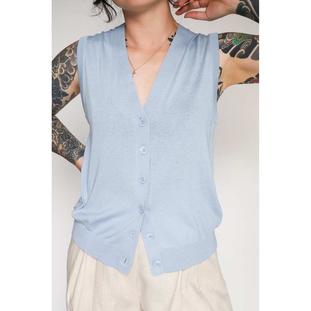 ENZA COSTA Silk Knit Vest Top Women XS Blue Cotton Blend V-Neck Sleeveless NEW